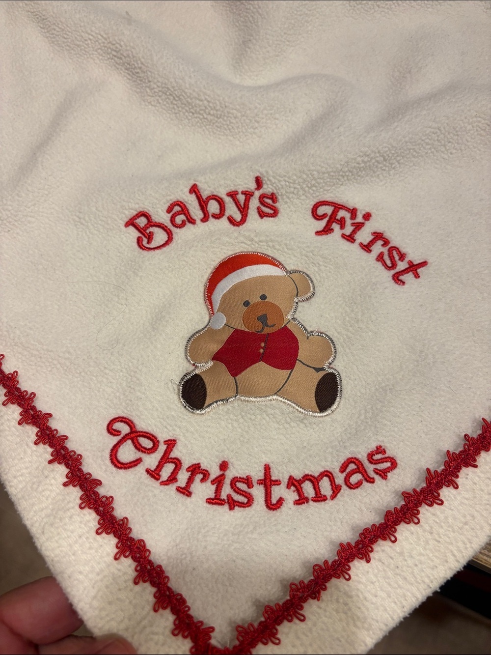 Ashton Drakes Baby's First Christmas Teddy Blanket - White with Red Trim - Picture 3 of 4